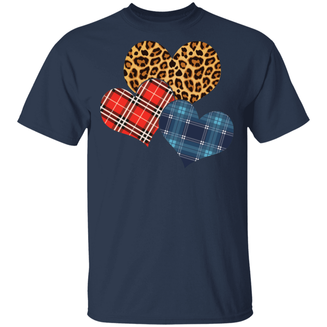 Three Hearts Leopard Buffalo Plaid Valentines day G500 5.3 oz. T-Shirt