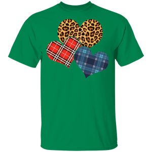 Three Hearts Leopard Buffalo Plaid Valentines day G500 5.3 oz. T-Shirt
